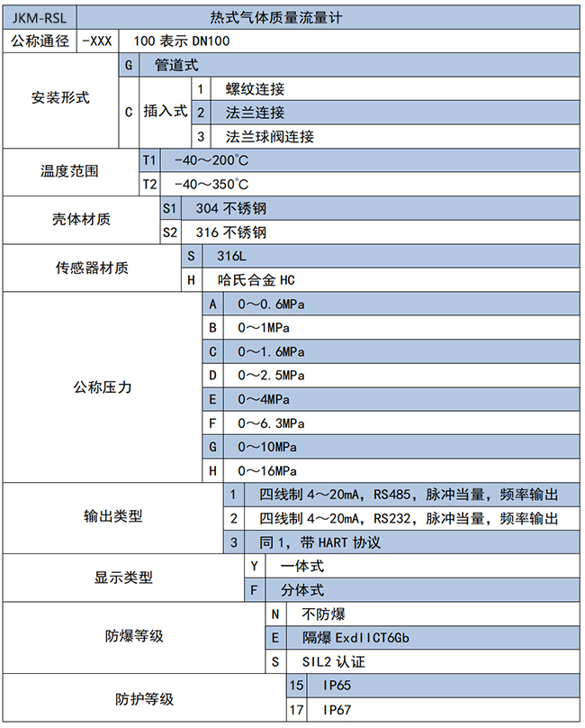 煙氣熱式氣體質(zhì)量流量計(jì)選項(xiàng)表